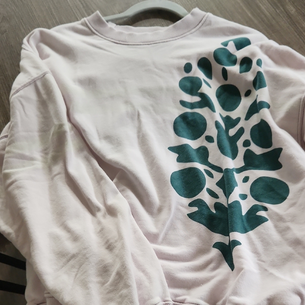 Free People Pale Pink Pullover with Teal Botanical Motif